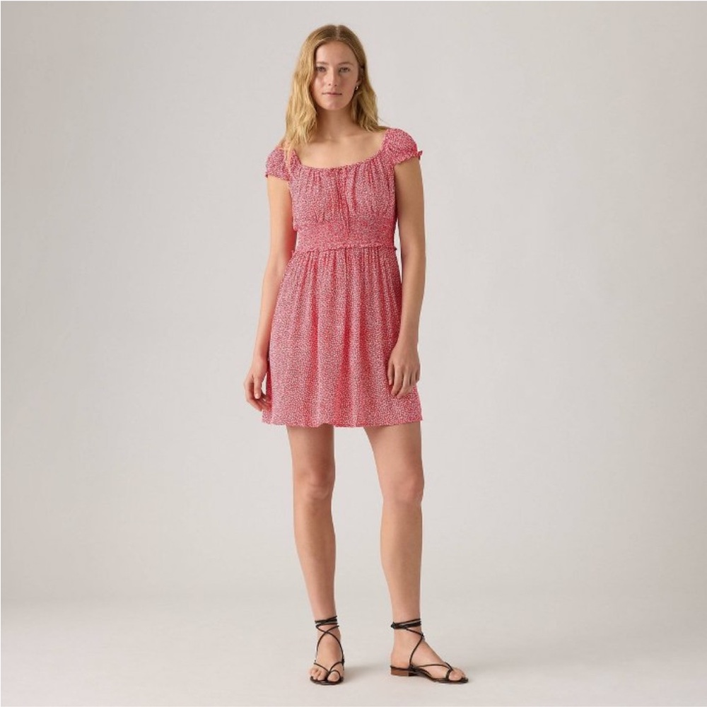 Levi's White and Red Smocked Mini Sundress with Flutter Cap Sleeves